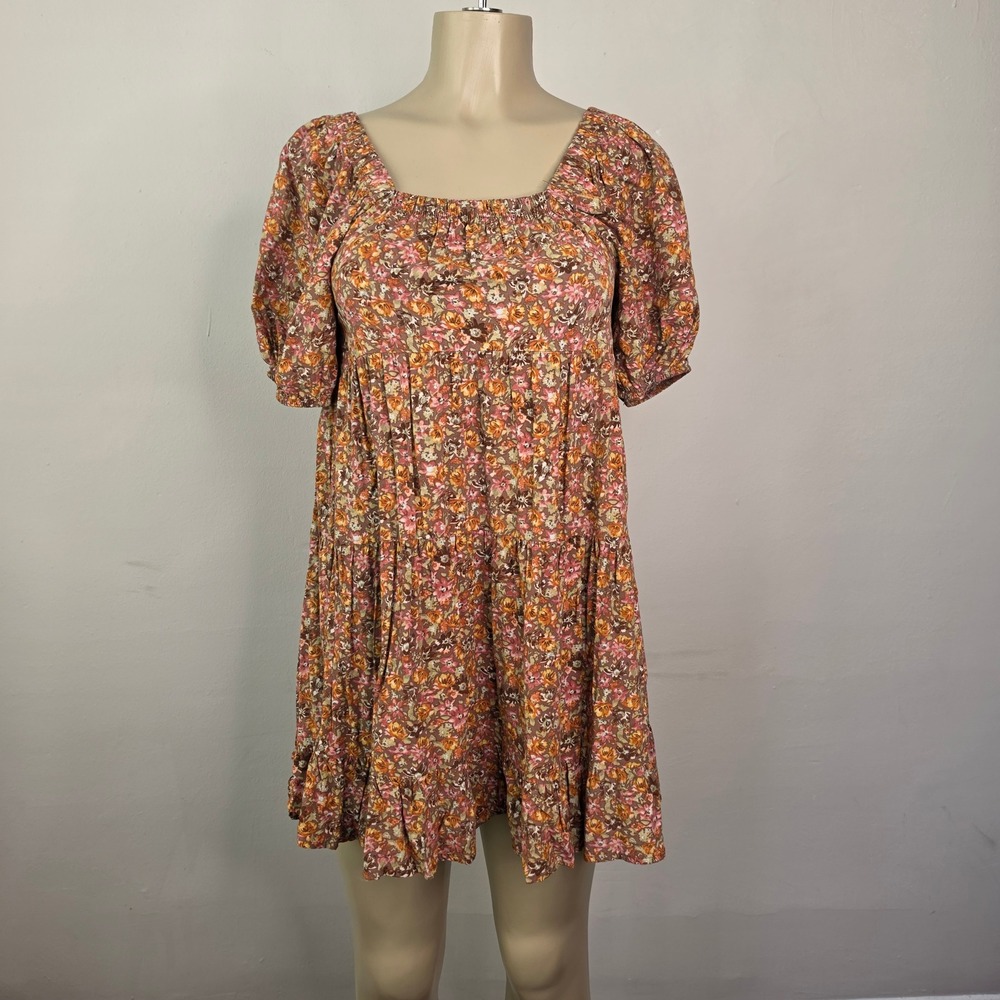 Wild Fable Baby Doll Dress Womens S Orange Floral Tiered Puff Sleeve Mini Boho